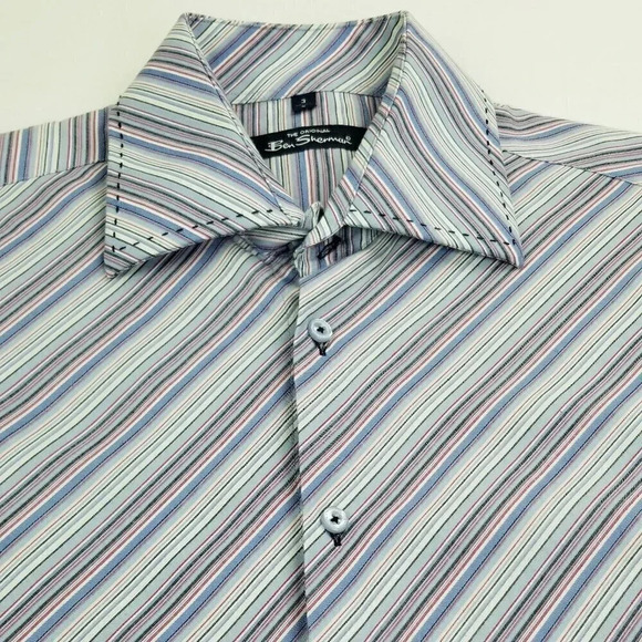 Ben Sherman Size 3/L Spread Collar Embroidered Logo Long Sleeve Striped Shirt - Picture 8 of 9